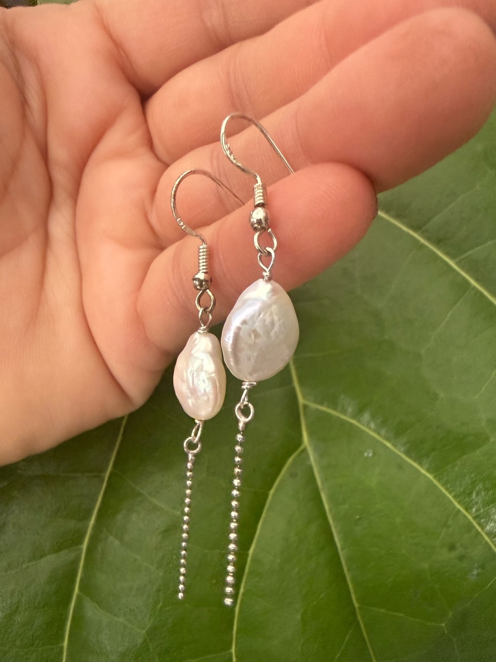 Freshwater Pearl Drop Earrings with Silver Chain Fringe